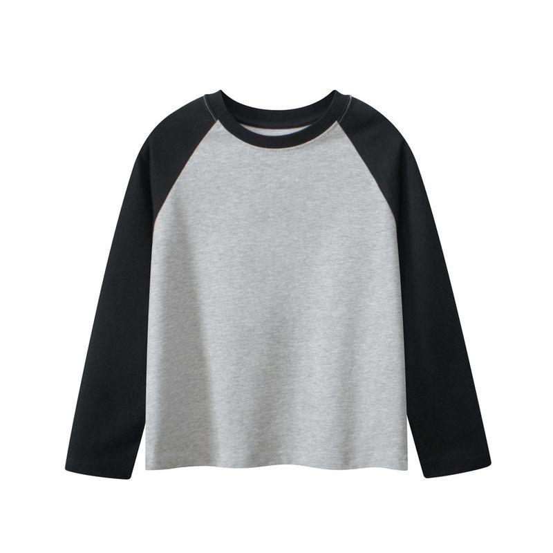 Spring and Autumn Long-Sleeved T-Shirts for Boys and Girls, Round Neck Patchwork Sleeve Tops, Solid Color Plain Bottoming Shirts for Older Children