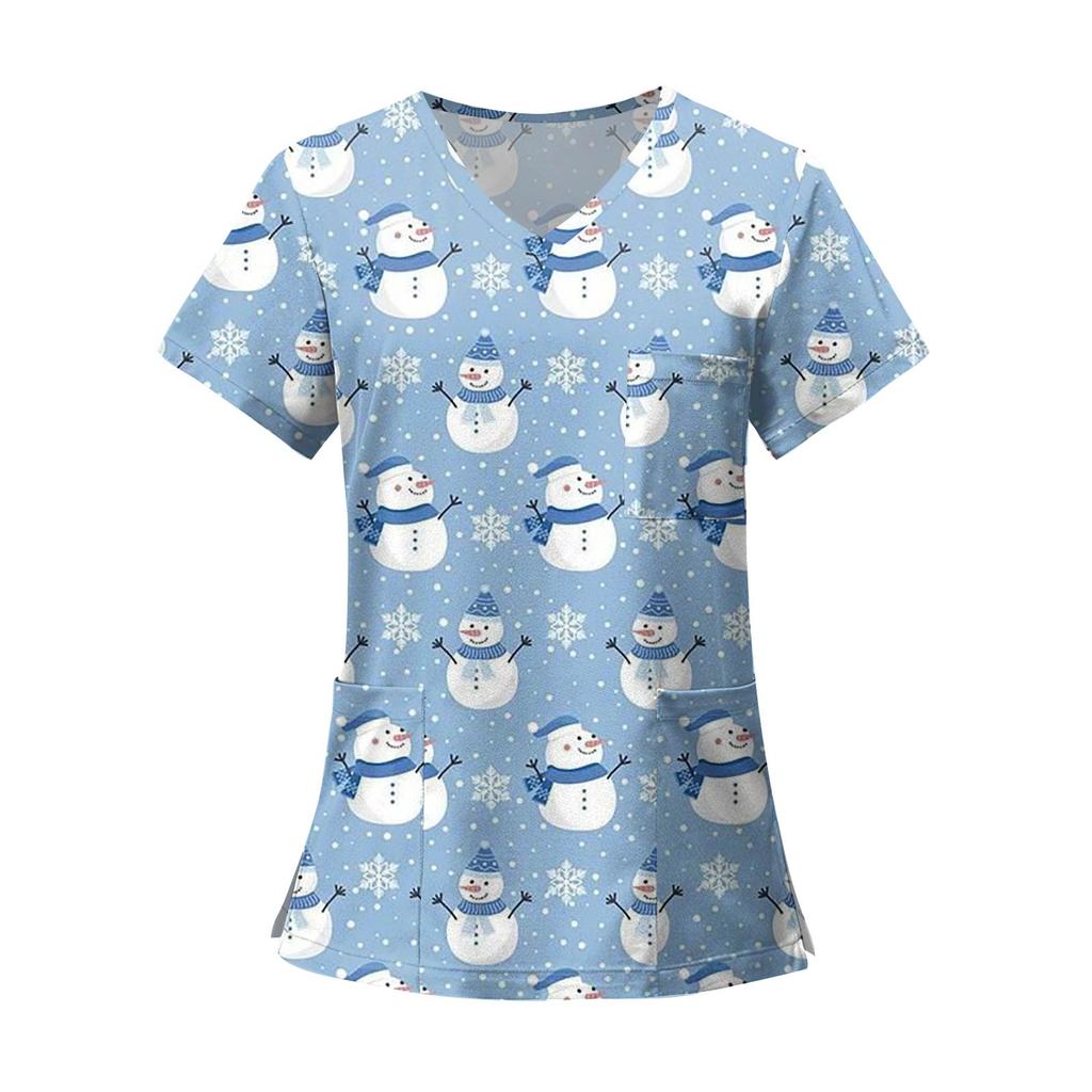 Women's Fashion Printed Short Sleeve V Neck Pattern Tops Pocket Working T-shirts