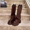 Thick Tube Boots and Long Boots  Autumn and Winter New Round Scalp Buckle Soft Leather Non-knee Chunky Heel Boots