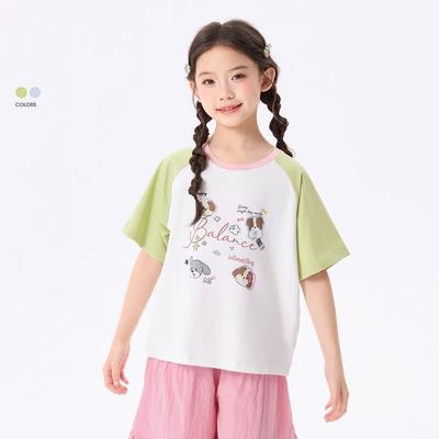 Xiaoyinman Girls' Cartoon Print Color Block Short Sleeve T-Shirt
