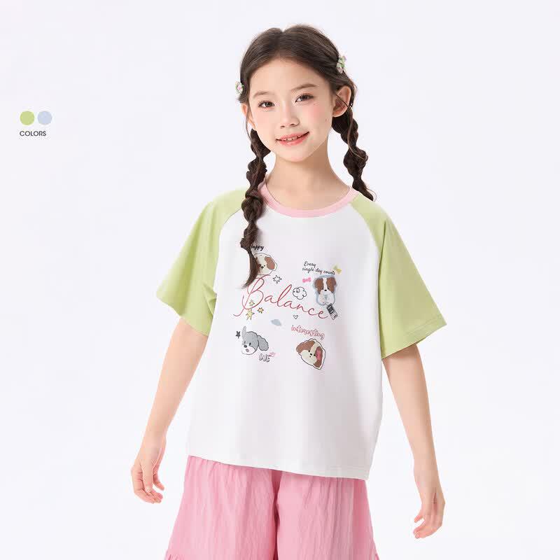 Xiaoyinman Girls Cartoon Print Color Block Short Sleeve T-Shirt 110