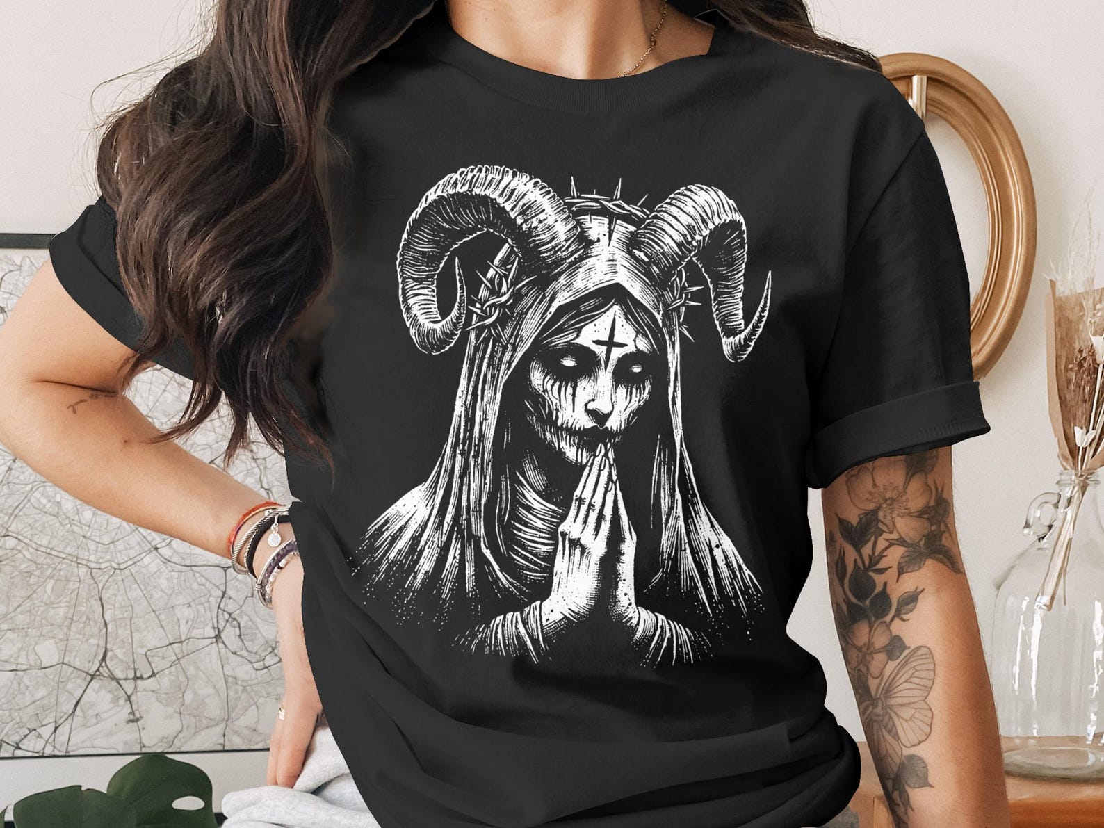 Gothic Horned Deity T-Shirt, Witchy Praying Demon Art Tee, Dark Macabre Occult Apparel, Alternative Fashion Gift 2XL
