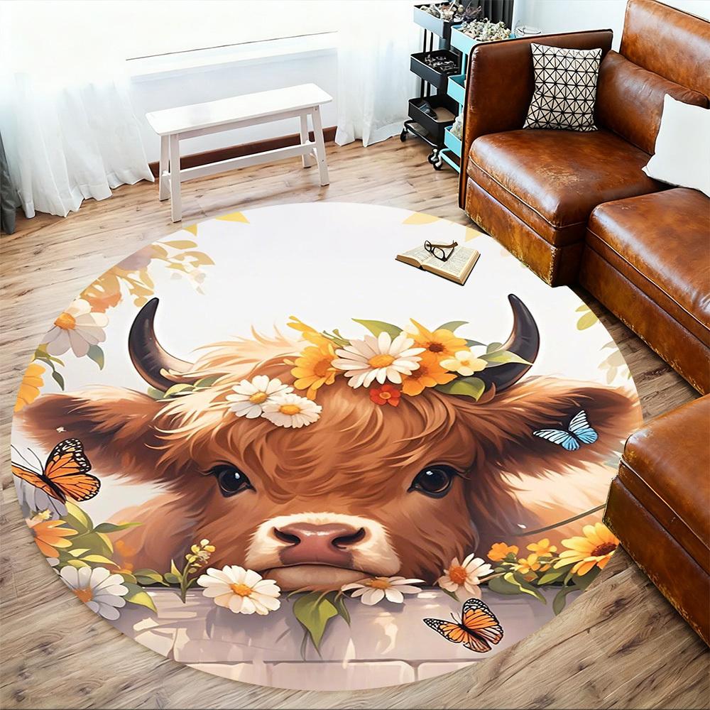 1PC Cow Flowers Cute Round Chair Mat Area Rug - Non-Slip, Floor Mat for Office, Bedroom, Home Decor Christmas Gift C0528047