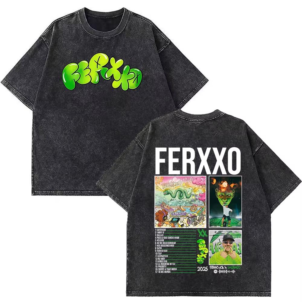 Rapper Feid Ferxxo Tour Print Vintage Washed Tshirts Men Women Fashion Hiphop Casual Loose Oversized Tshirt Fan Gifts Top