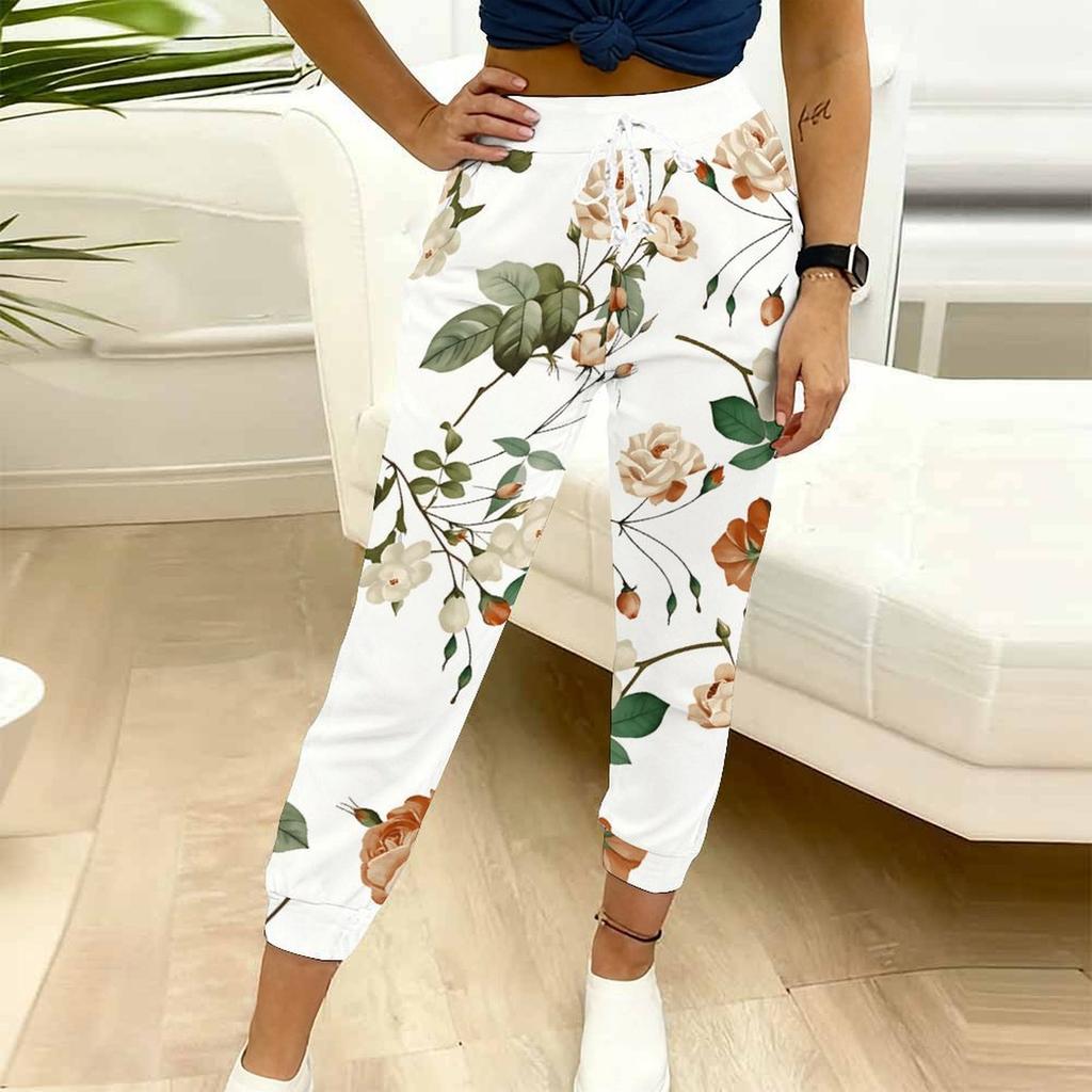 Sommer Damen Blumenprints Bedruckte Jogginghose Lockerer Schnitt Kordelzug Jogginghose Elastischer Bund Tägliche Lässige Hose