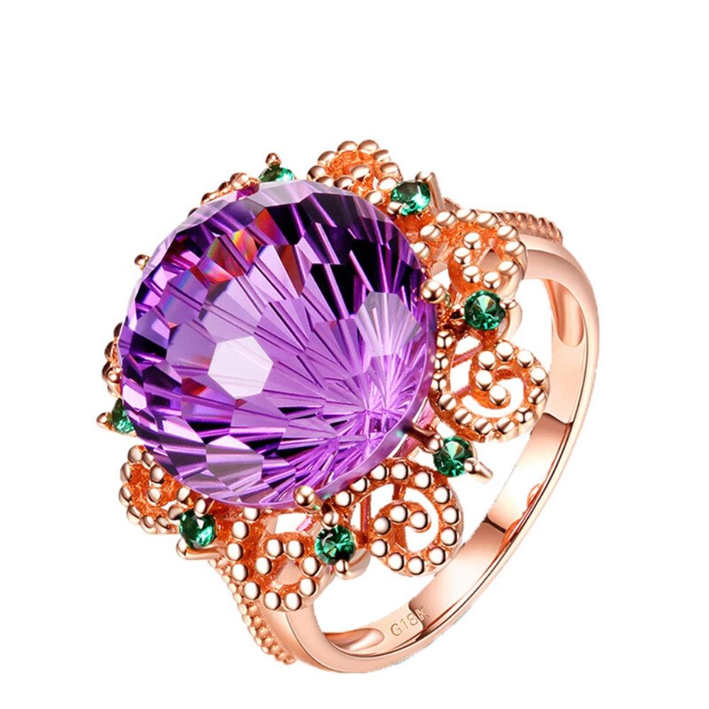 Purple Amethyst Colorful Gemstone Ring 14k Rose Gold Plated Hollow Out Engagement Ring for Women 6