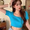 Women's Korean Square Collar Solid Short Sleeve Knitted Slim Pullover T-Shirt