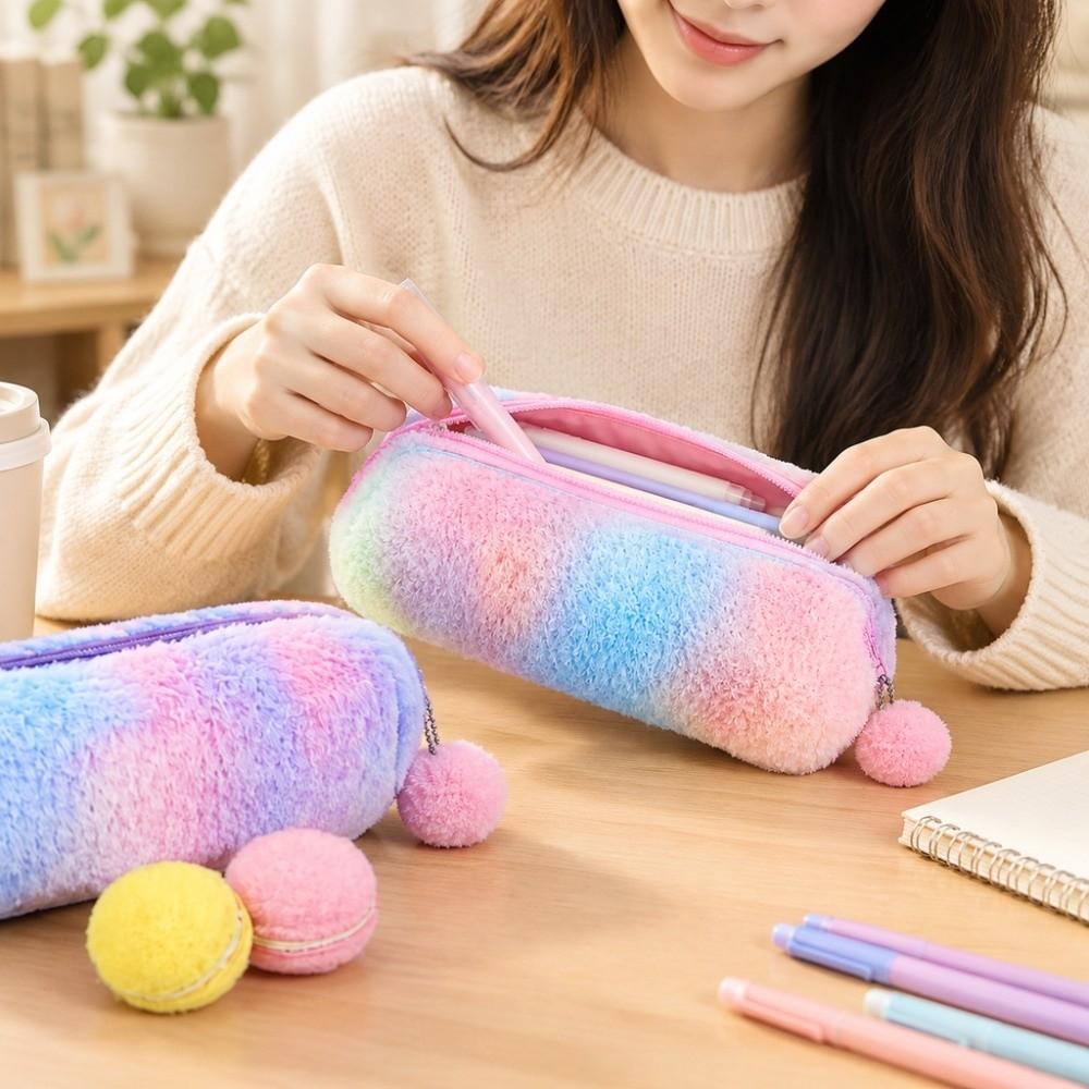 Gradient Color Pen Bags Plush Stationery Storage Bag New Pencil Case Gifts