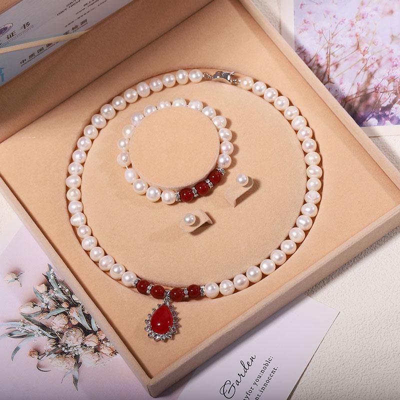 Zhuji Freshwater Pearl Necklace Set: Women's Three-Piece Choker Gift for Mom Mother's Day Live