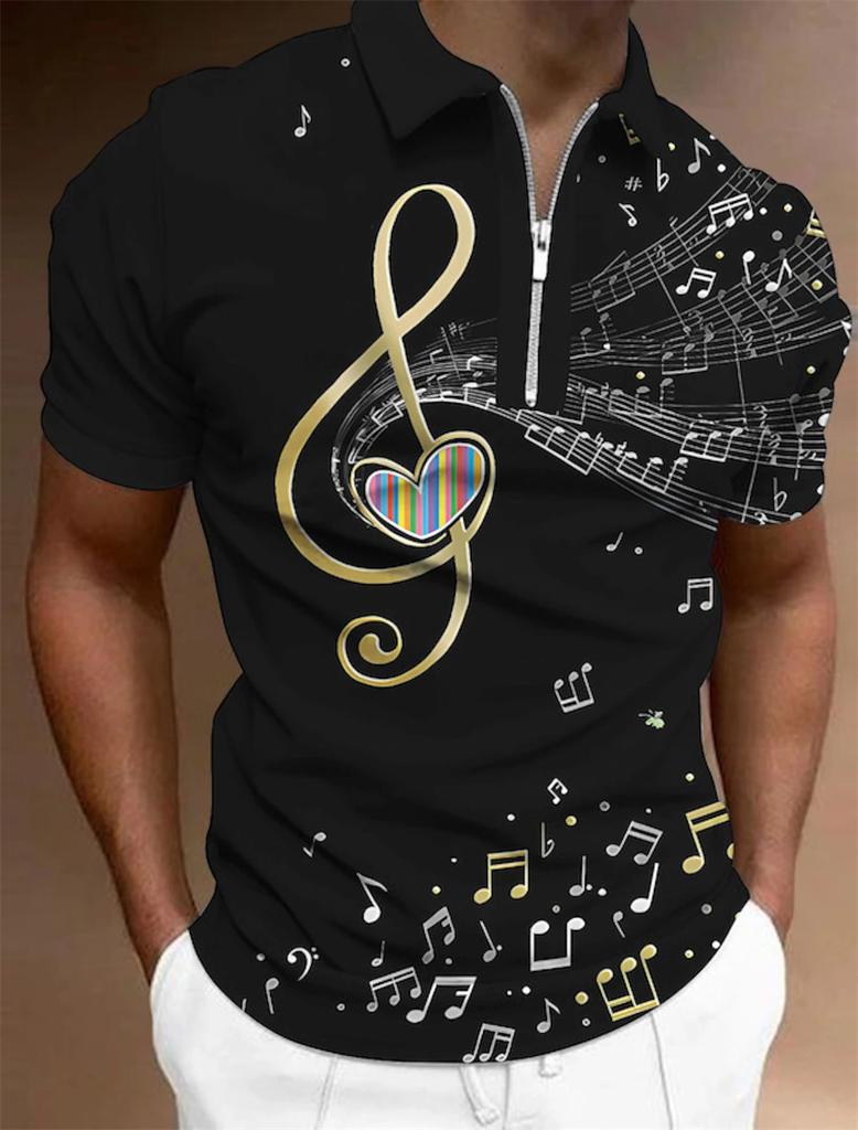 Men T-Shirt Zip Polo Men's Tops Golf Graphic Prints Music Notes Light Short Sleeves Zipper Print Clothing Apparel Fashion Casual