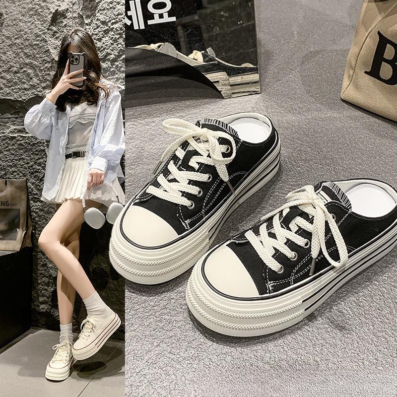 2025 Sommer Damen Canvas Plateau Dicke Sohle Slipper Erhöht Weiß Indoor Outdoor Freizeit Pantoletten Stilvolles Trendiges Design