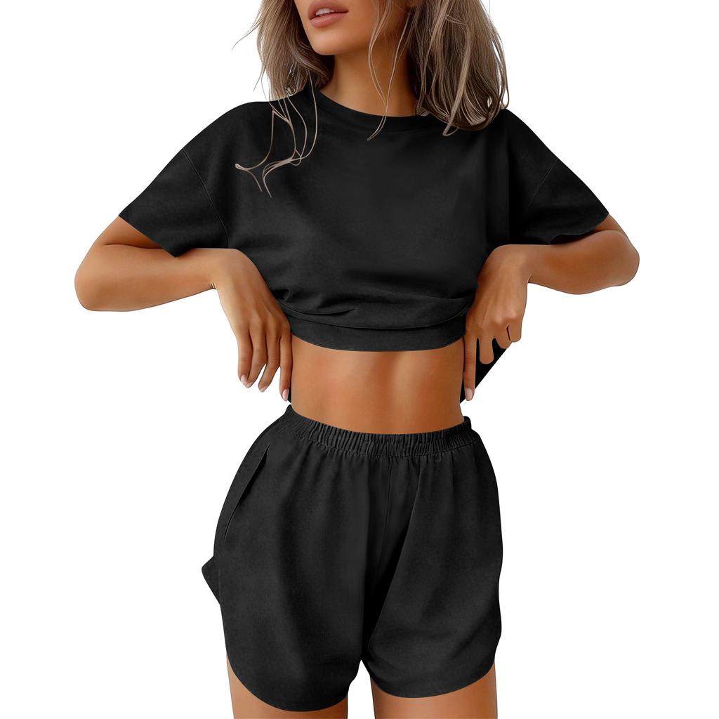 Damen-Pyjama-Set Kurzarm Gestreift Bedruckt Zweiteilig Loungewear Nacken-Pyjama Split-Shorts-Set Weiche Nachtwäsche