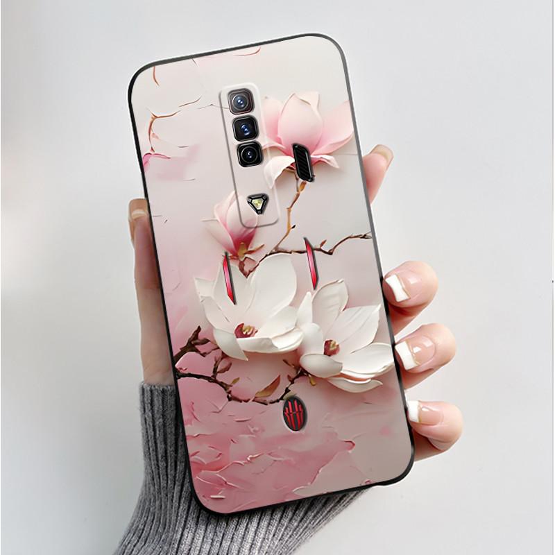Pattern Case For ZTE Nubia RedMagic 7 5G Funda For Nubia RedMagic 7S 5G Soft Silicone Black Shell Cute Flower Cartoon Capa Cover