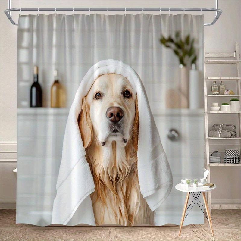 Golden Retriever Duschvorhang 180x180cm – Hund in Handtuch gewickelt, Geschenk für Hundeliebhaber, 12 Haken Badezimmer dekorativer Duschvorhang