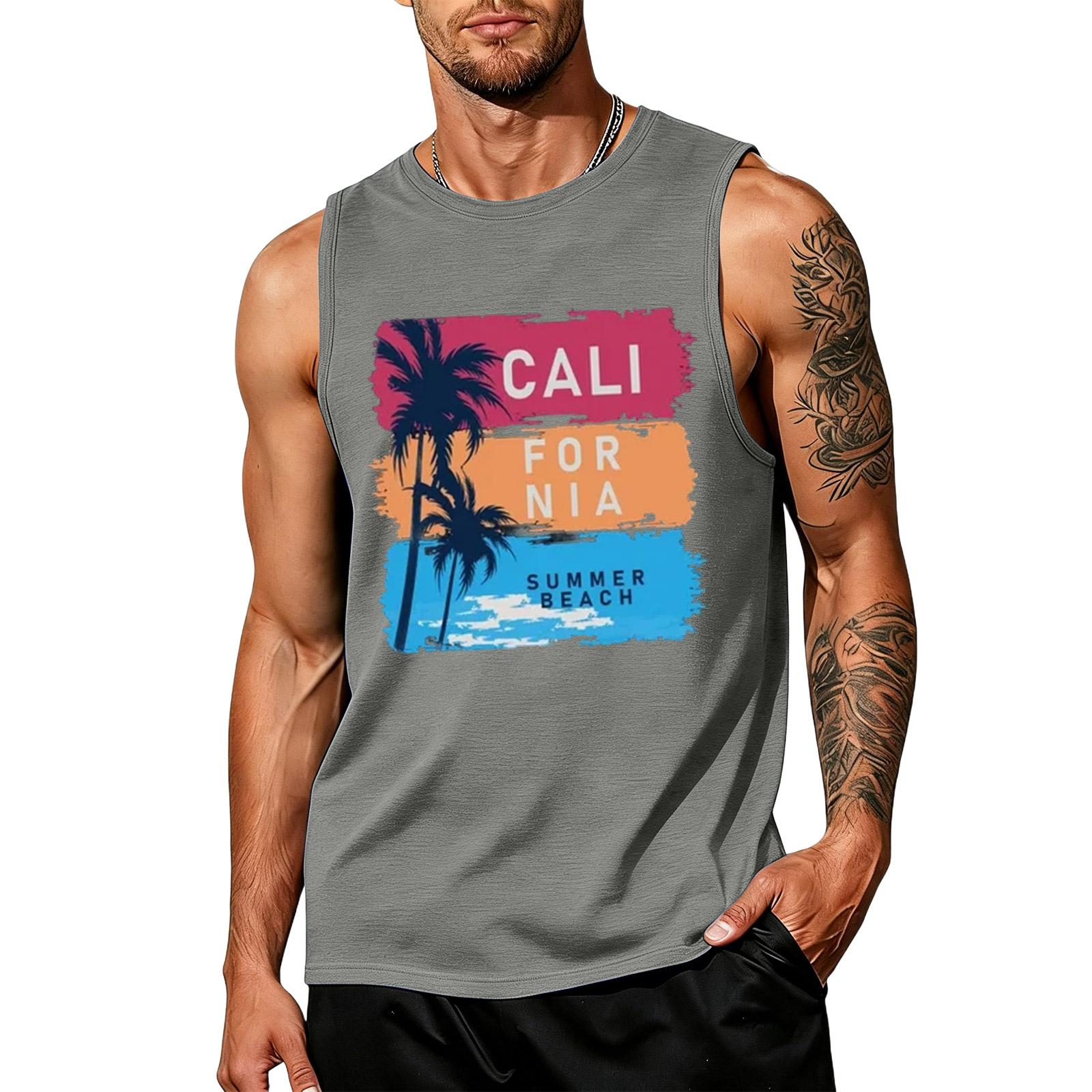 Men s loose and casual Hawaiian print sleeveless shirt XL