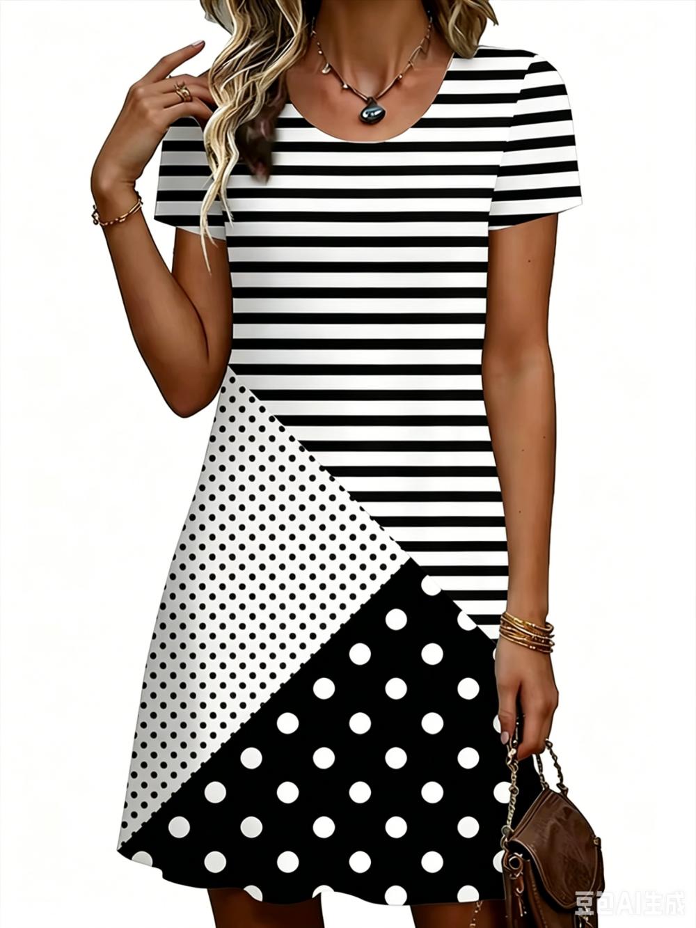 2026 Summer New Women s Dresses 3D Striped Polka Dot Simple Printed Short Sleeve Dress Casual Fashion Plus Size Woman s Clothing S