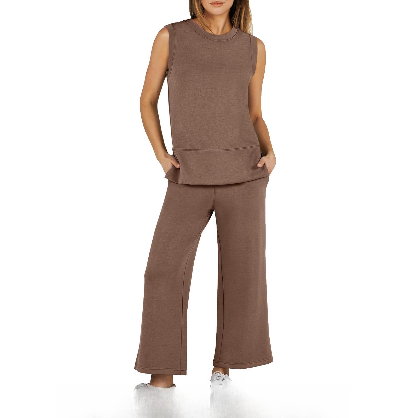 

Женский топ без рукавов с брюками широкого кроя, повседневный спортивный костюм, комплект из 6 цветов (Коричневый, Темно-синий, Черный, Карамельный, Оливковый, Светло-серый) S темно-коричневого