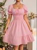 European and American women's clothing summer new pleated ruffle A-shaped skirt square neck short-sleeved dress