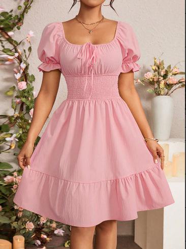 European and American women's clothing summer new pleated ruffle A-shaped skirt square neck short-sleeved dress