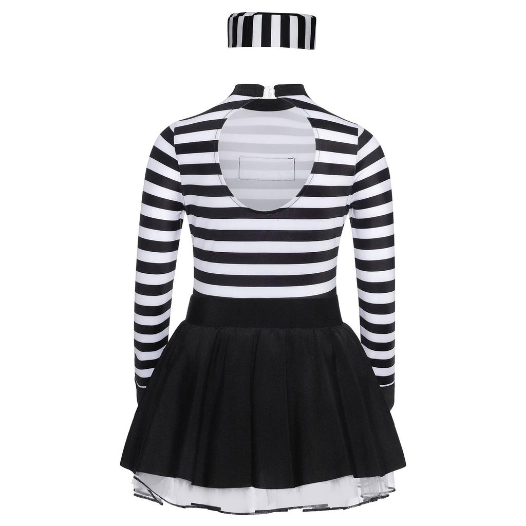 Girl Prisoner Costume 2Pcs Striped Puffy Dress Round Neck Cut Back Long Sleeve Ruffled Tutu Skirt Convict Cap