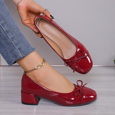 Außenhandel Übergröße Retro High-Heel Einzelne Schuhe Damen Rot Lackleder Dicke Ferse Runde Spitze Farbblock Schleife Mary Jane Schuhe