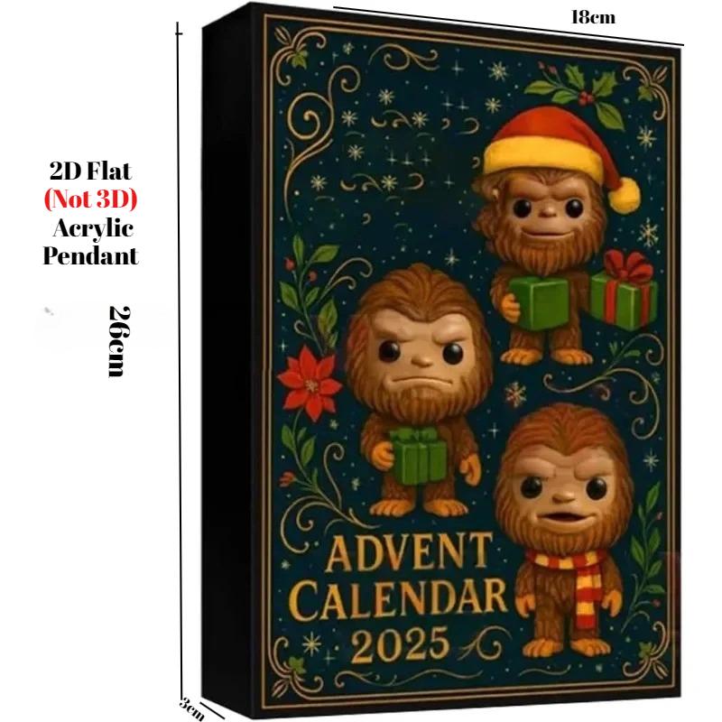 Bigfoot Adventní kalendář 2025, 24 dní svátečních 2D plochých akrylových figurek Bigfoota ve svátečních čepicích a svetrech, vystavitelná sběratelská odpočítávací krabička