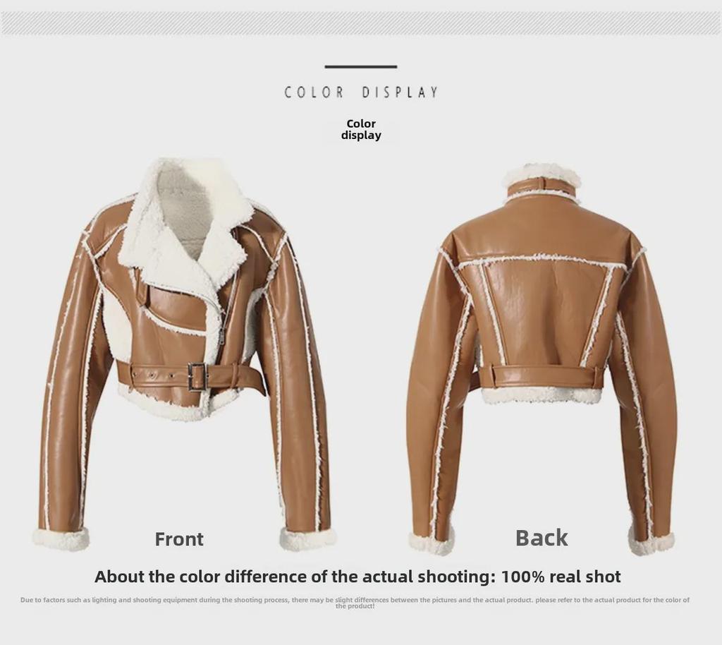 2023 Women's Motorcycle Style Leather Jacket - Short, Fur-Integrated, Cotton Outerwear