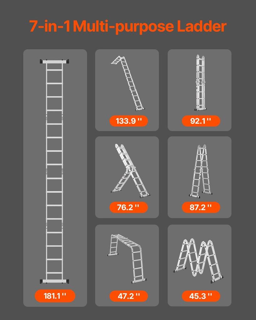 Multi-Purpose Folding Ladder 7-in-1 4 Step 15.5ft Reach Height for Work