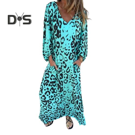 Women's Leopard Print Dress V-Neck Long Sleeve Maxi Dress Casual Loose Fit Spring Summer Dress for Office Daily Wear Vacation Party
