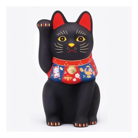 Yakushigama Maneki-neko (Lucky Cat) (Black, Large) Fukuzukushi (Includes Good Luck Sticker)