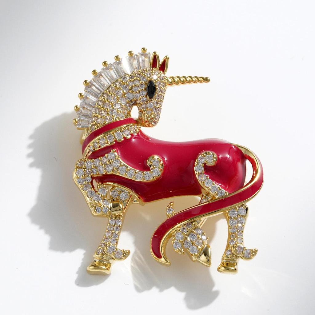 Bocinxin Yun Red Unicorn Horse Rhinestone Brooch - Luxurious Chinese Accessory & Corsage, Perfect Birthday Gift
