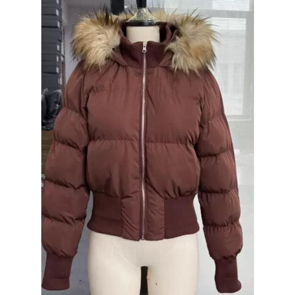 Chic Full Sleeve Zipper Pocket Cropped Jacket Fashion Women's Faux Fur Hooded Quilted Coat Winter New Lady Padded Outerwear