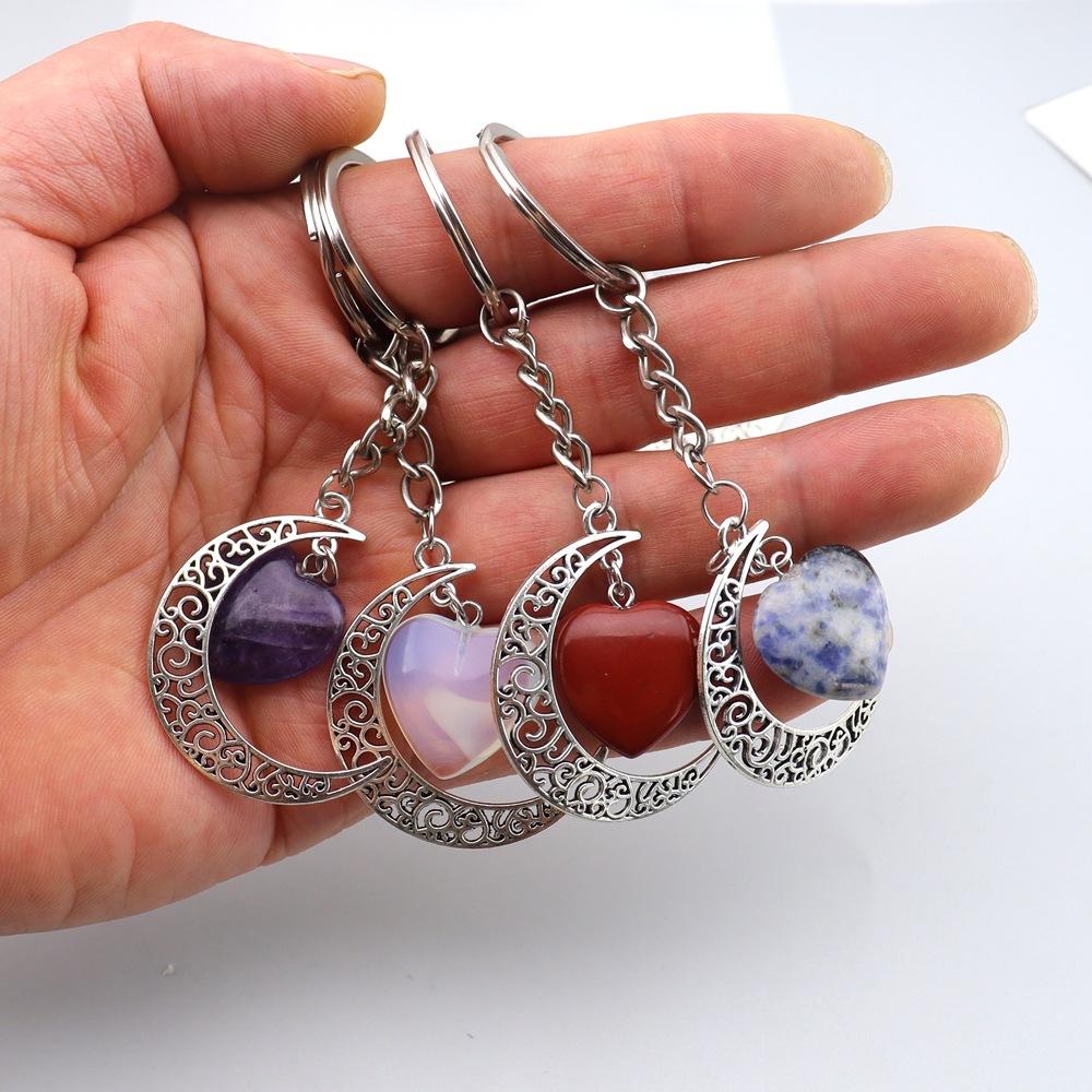 Natural Crystal Stone Love Moon Handmade Winding Pendant Keychain Bag Pendant Love Keyring K69