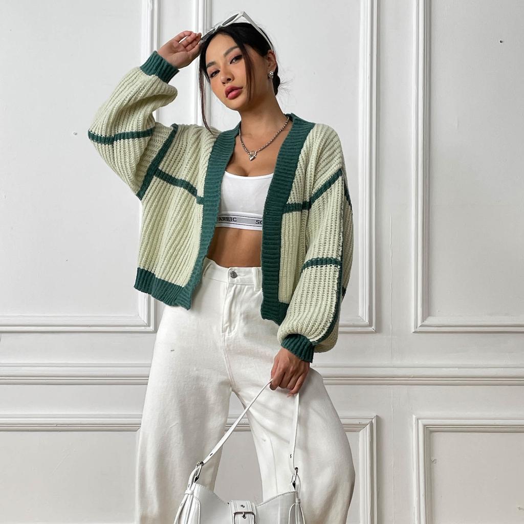 Women's Cardigan Autumn And Winter Jacket Collision Splicing Short Section Casual Loose Woven Jumper