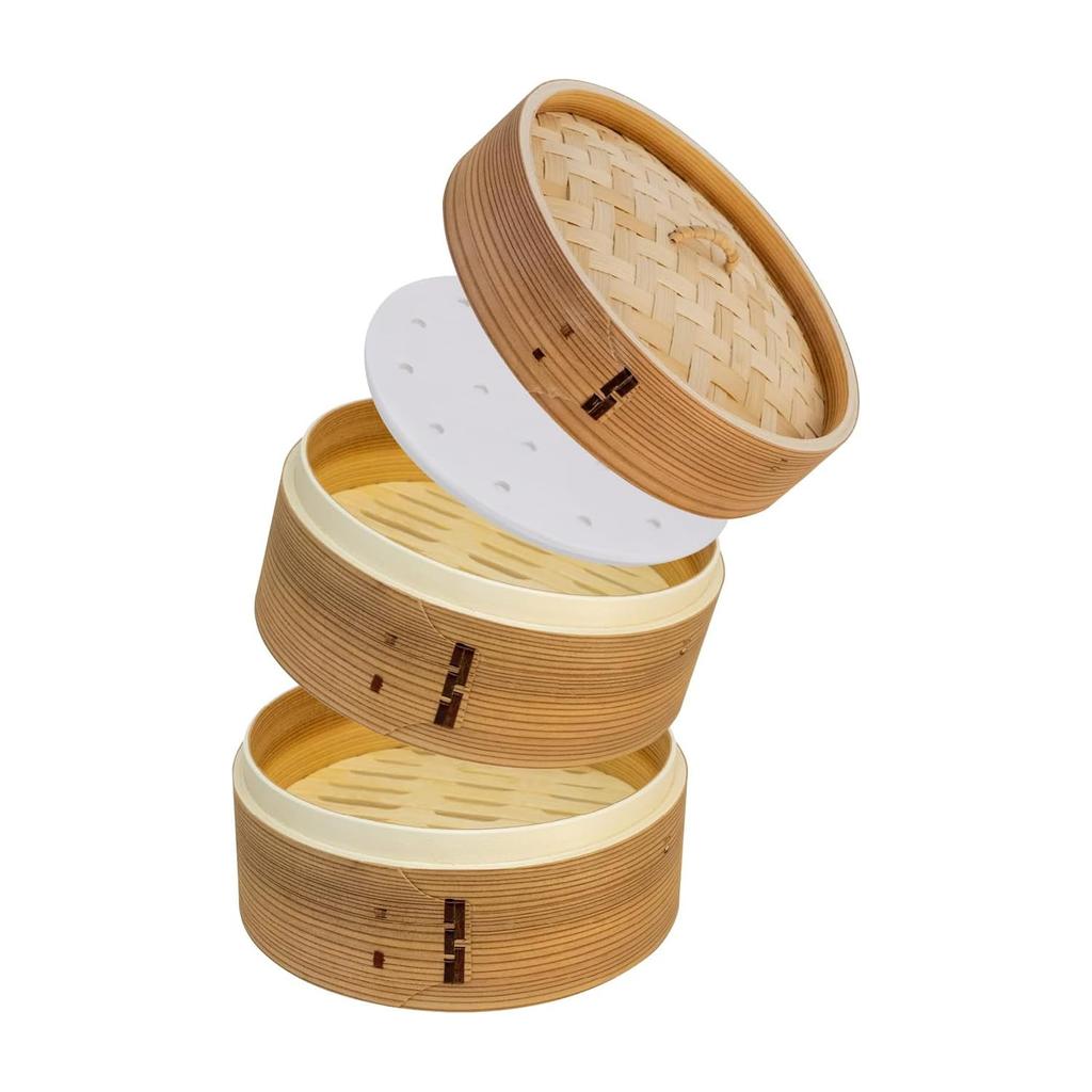 Tekisui Seisakusho Cedar Steamer Set (2 Steamers and 1 Lid), 24cm, Commercial Use, Includes 20 Sheets of Steamer Paper (TMTS-S-2421)