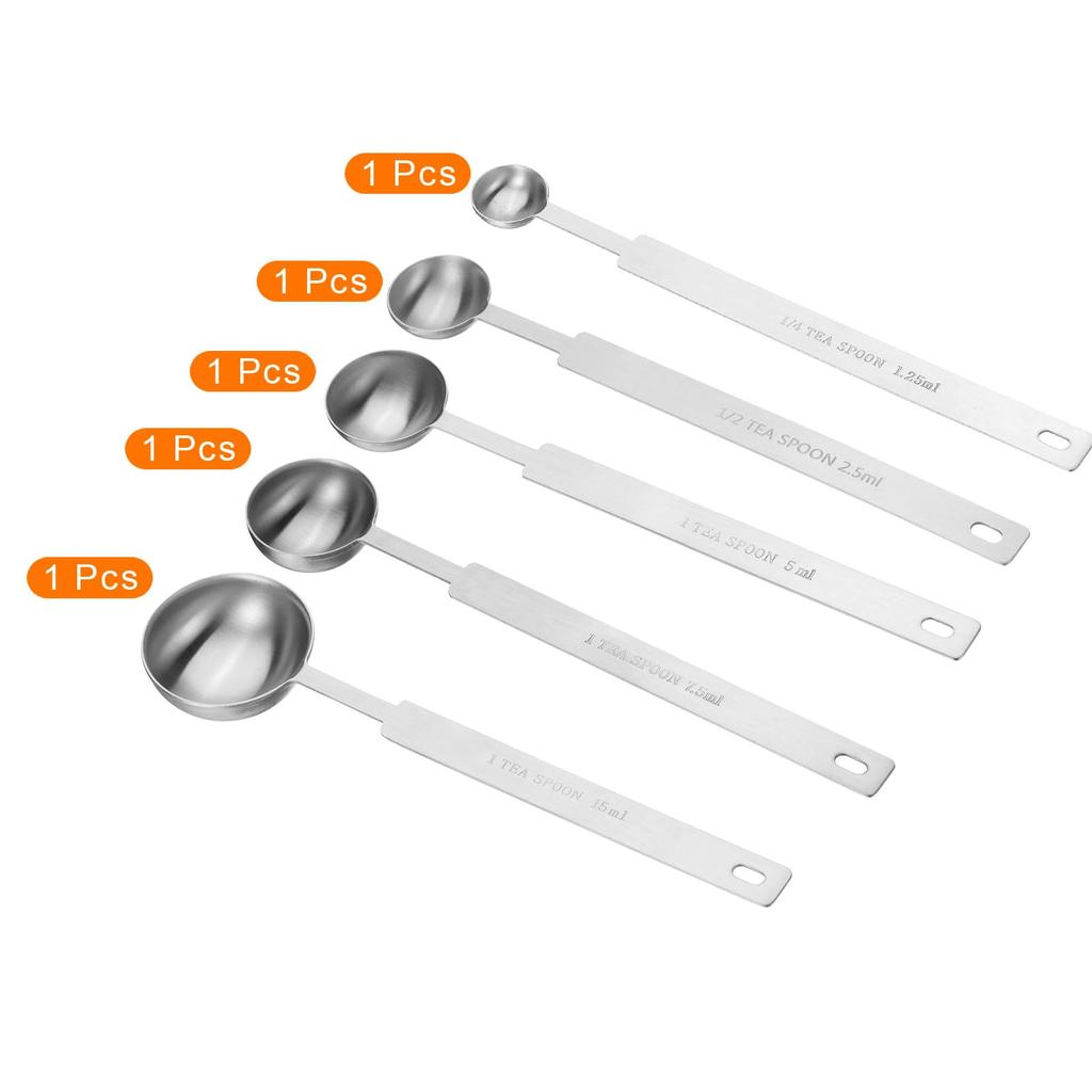 Uxcell 5-Piece Measuring Spoon Set, 14 Tsp, 12 Tsp, 1 Tsp, 1.5 Tsp, 3 Tsp (1.25 Ml, 2.5 Ml, 5 Ml, 7.5 Ml, 15 Ml) - 430 Stainless Steel Single