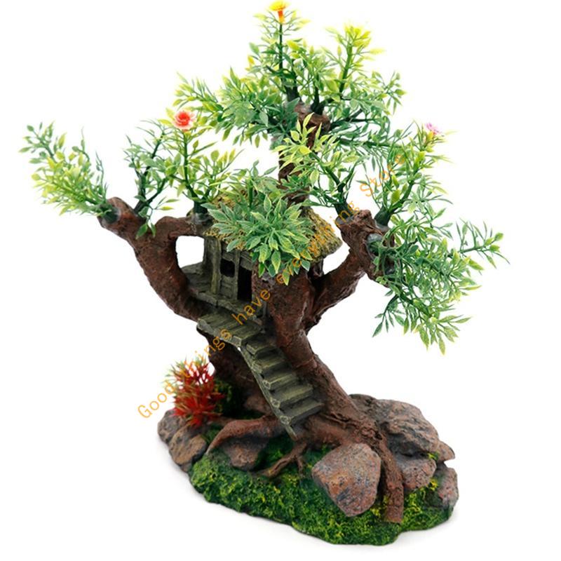 Aquarium Resin Tree House Decoration for Fish for Tank Hideout with Rock Grass 55KF