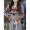 Grey Striped Crew Neck Front Shoulder Long Sleeve Design Sense Niche Knitted Sweater Women's Autumn Short Bottom Shirt Inner Top