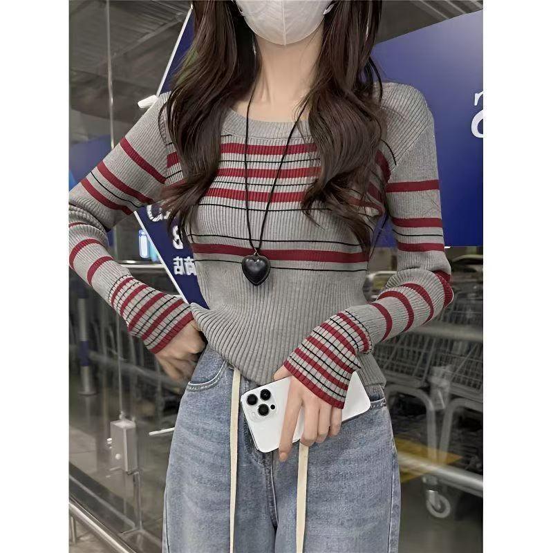 Grey Striped Crew Neck Front Shoulder Long Sleeve Design Sense Niche Knitted Sweater Women's Autumn Short Bottom Shirt Inner Top