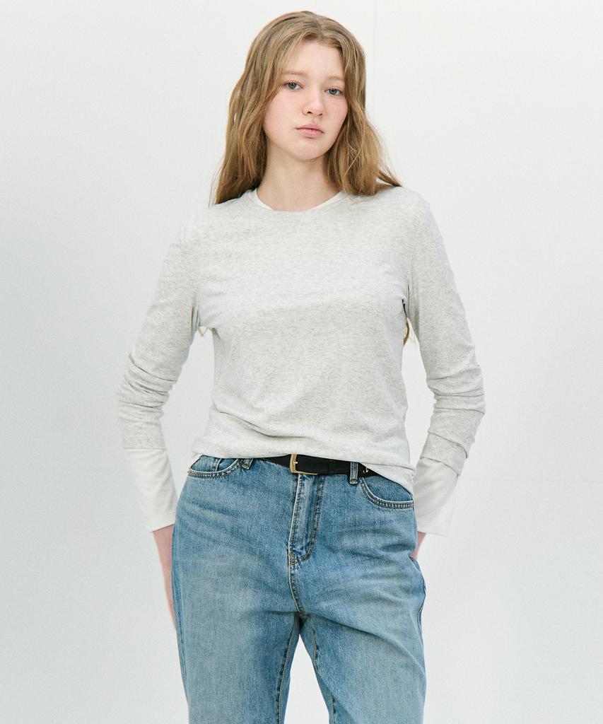 BASIC HOUSE Women'S Regular Fit Crew Neck Long Sleeve Tee Light Grey Lzts3215