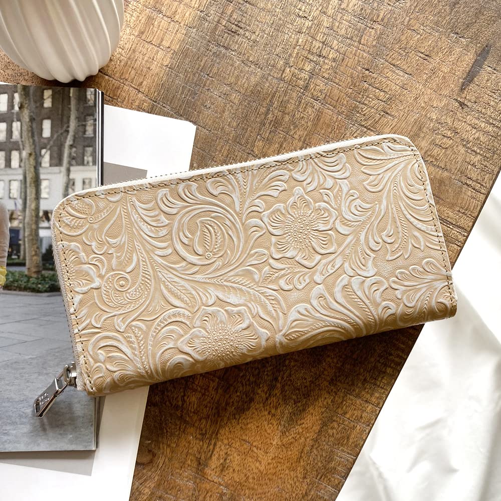 Gratia Women's Long Wallet, Round Wallet, Genuine Leather, Made in Japan, Floral Embossed Leather, Round Zipper, G057 (White)