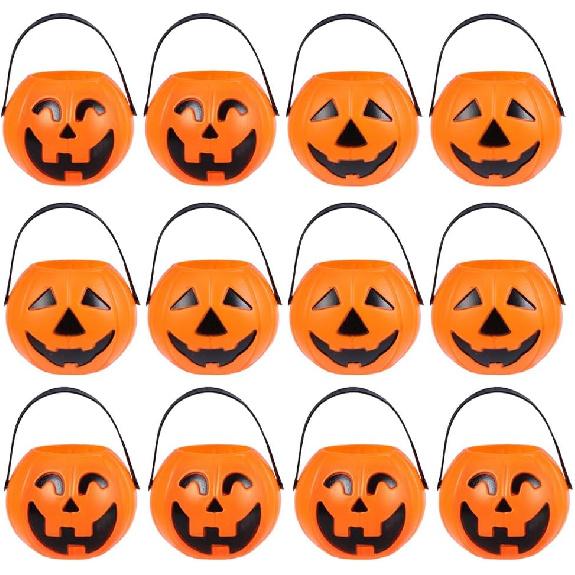 Vaguelly 15Pcs Halloween Pumpkin Bucket Trick or Treat Pumpkin Bucket with Handle Small Candy Holder Plastic Orange Jack O Lantern Candy Basket Bags