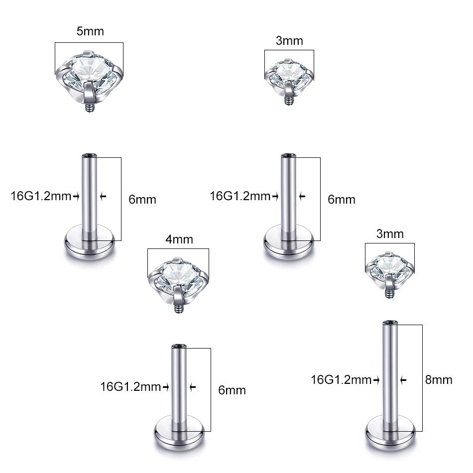 1Pc G23 Titanium Labret Lip Piercing Stud Internally Threaded Clear Zircon Ear Stud Helix Cartilage Tragus Body Piercing Jewelry