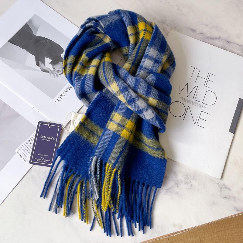 Camel brown 100 pure wool plaid scarf khaki women's winter thickened warm fringed shawl scarf