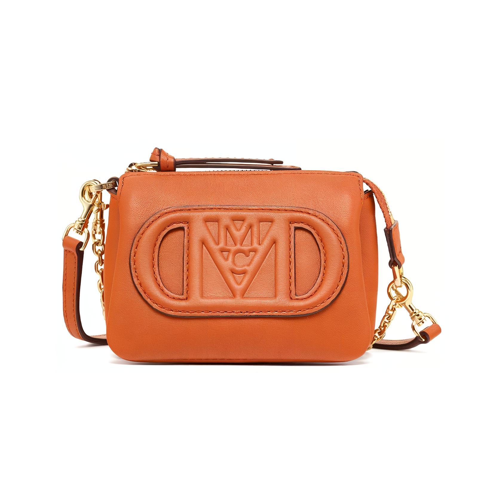 MCM Orange Leather Mini Crossbody Bag with Embossed M Logo Gold Chain Strap for Daily Street Style Use Basic Set BagDust Bag 17080₽