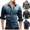 Jarní móda Four Seasons Model European and American Pánská Double Pocket Pánská ležérní džínová košile s dlouhým rukávem