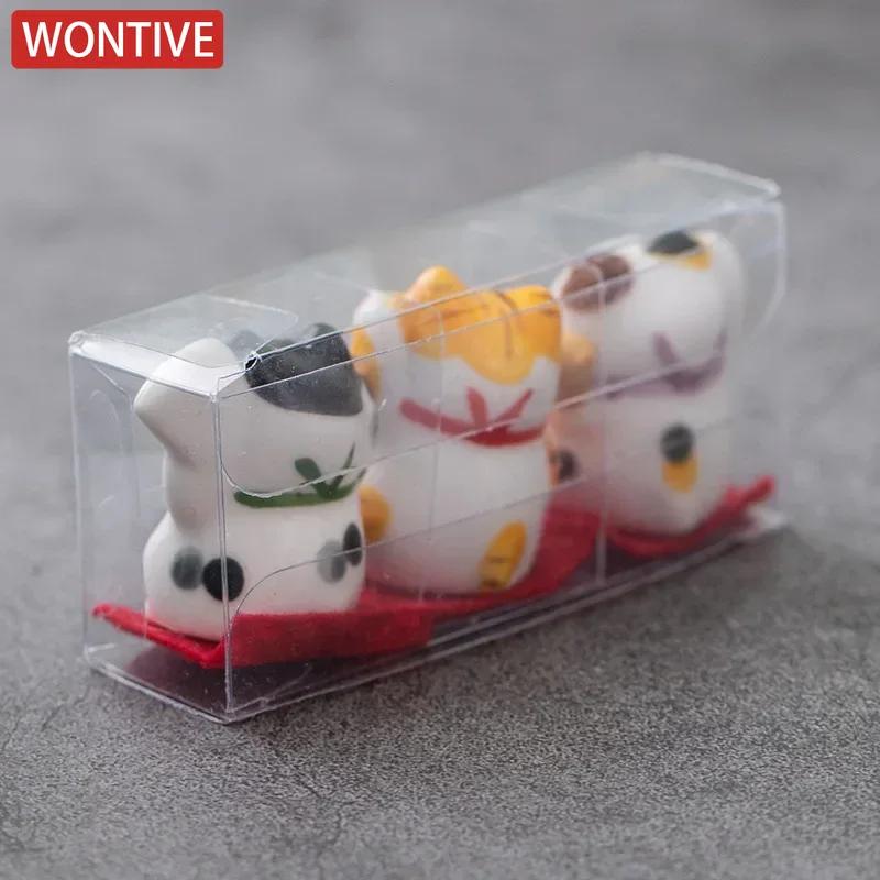 Pack of 3 Pieces Mini Ceramic Lucky Fortune Cat, Desktop Car Decoration Figurines Cute Kitten Maneki Neko Ornament 1.3 Inch Tall