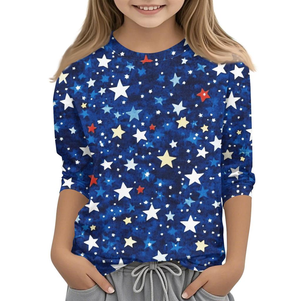 Barne 7/8-ermet trykket Independence Day crew-neck avslappet t-skjorte