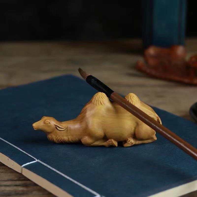 Wenge Boxwood Camel Pen Holder - Solid Wood Carved Desktop Ornament