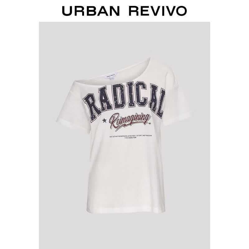 UR2026 Women s Casual American Retro Letter Print Off-Shoulder T-Shirt L грязно-белый
